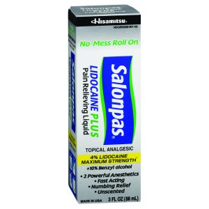 EMERSON HEALTHCARE Salonpas Lidocaine 4% Plus Pain Relieving Liquid No-Mess Roll On, 3 ounces HA-103