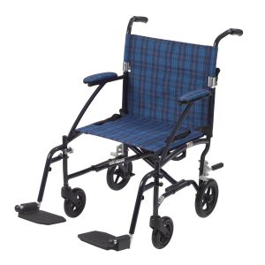 DRIVE DEVILBISS HEALTHCARE drive™ Fly-Lite Ultra Transport Wheelchair, Blue Frame w/ Plaid Upholstery DFL19-BL